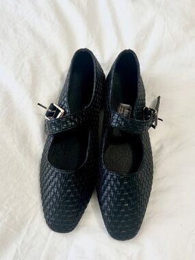 Woven Mary Jane Flats with Buckle Strap - Black